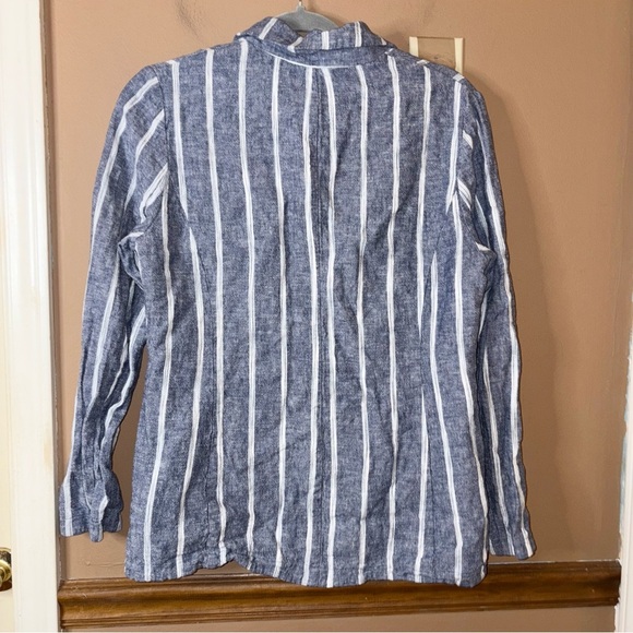 Anthropologie Drew Linen Striped 1 Button Closure Blazer Jacket White Blue M - Picture 2 of 4